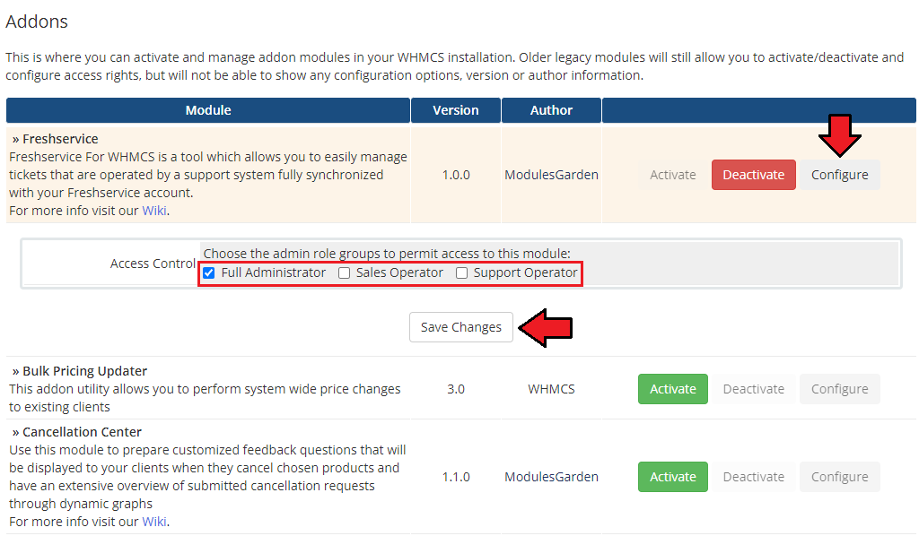 Freshservice For WHMCS: WHMCS Addon Modules list with Configure open and admin role access control checkboxes