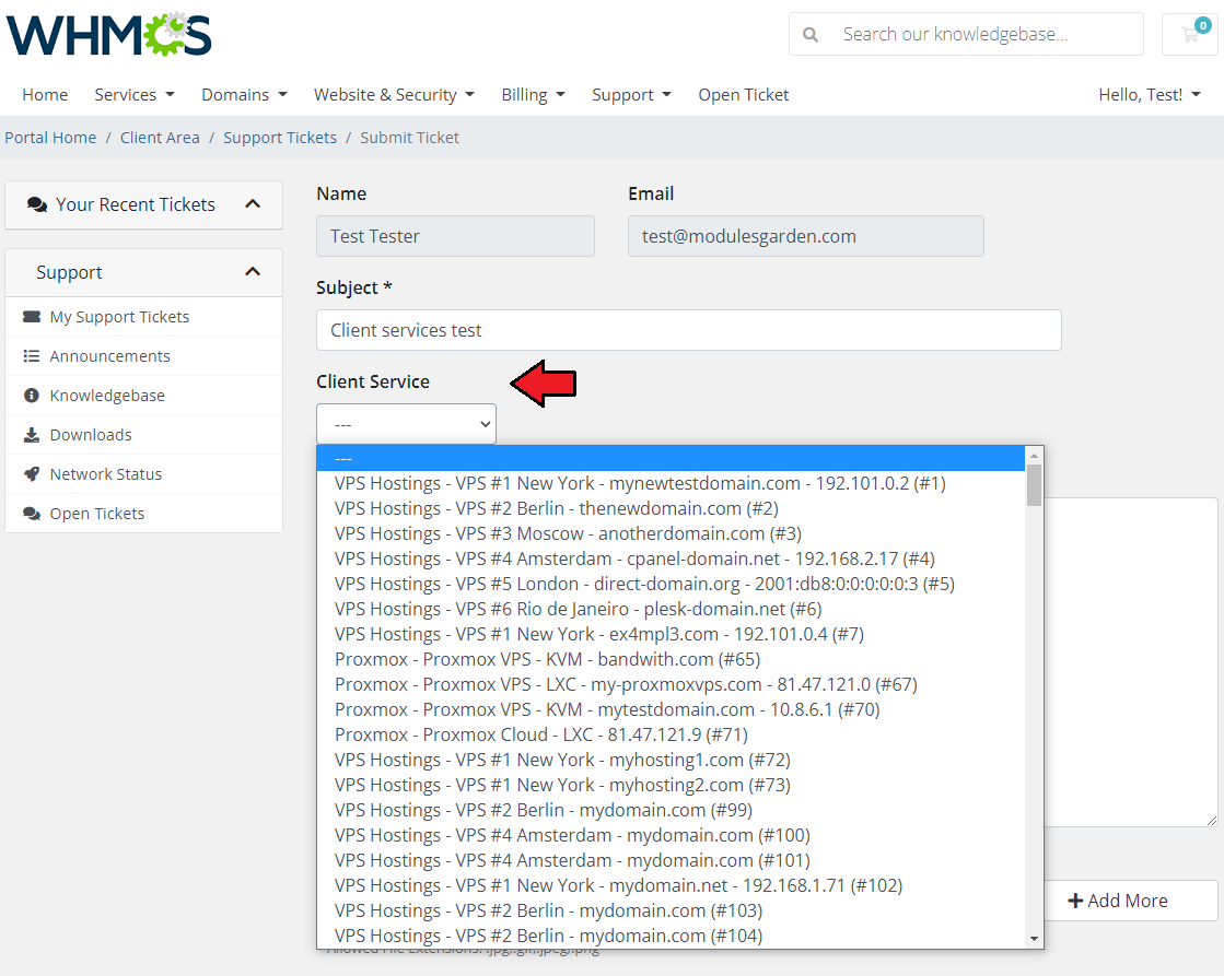 Freshservice For WHMCS: WHMCS client area Submit Ticket form with the Client Service dropdown list of services