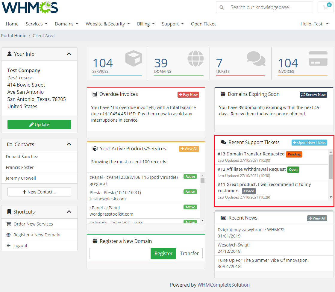 Freshservice For WHMCS: WHMCS client area homepage with the Recent Support Tickets box highlighted