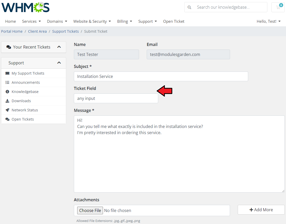Freshservice For WHMCS: WHMCS client area Submit Ticket form with a custom Ticket Field input highlighted