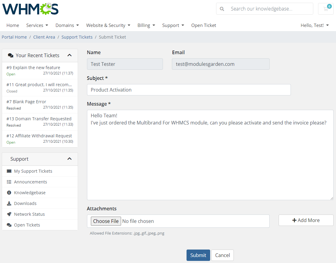 Freshservice For WHMCS: WHMCS client area Submit Ticket form with department, subject, message and attachments