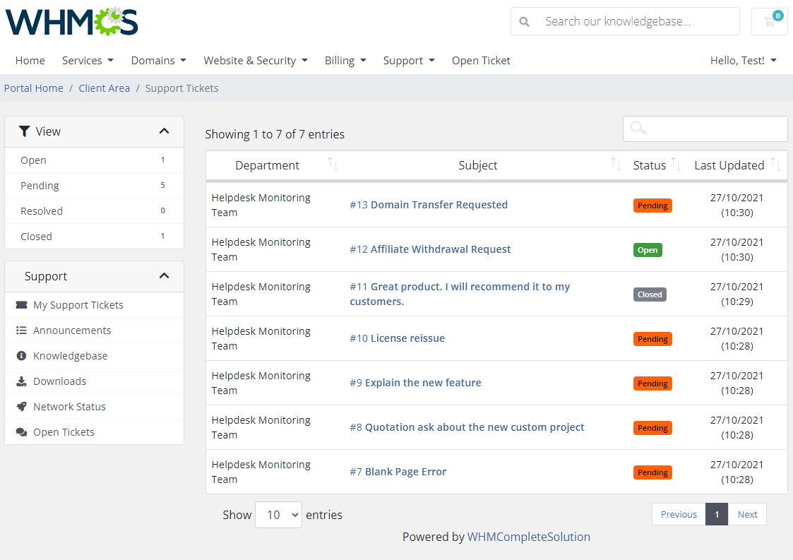 Freshservice For WHMCS: WHMCS client area Support Tickets list with departments, subjects and colored status labels