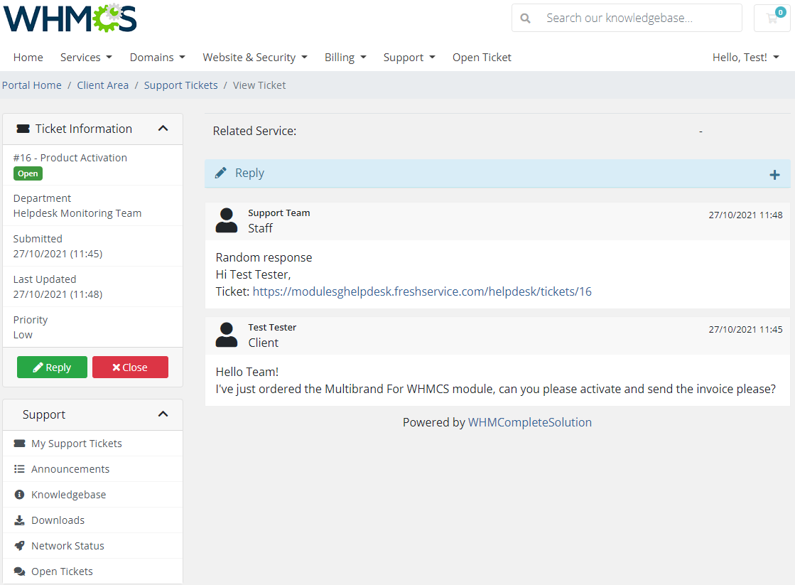 Freshservice For WHMCS: WHMCS client area View Ticket page with a staff reply, client message and Open status