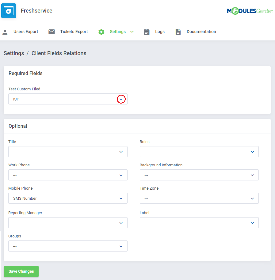 Freshservice For WHMCS: module Settings Client Fields Relations page with required and optional field dropdowns