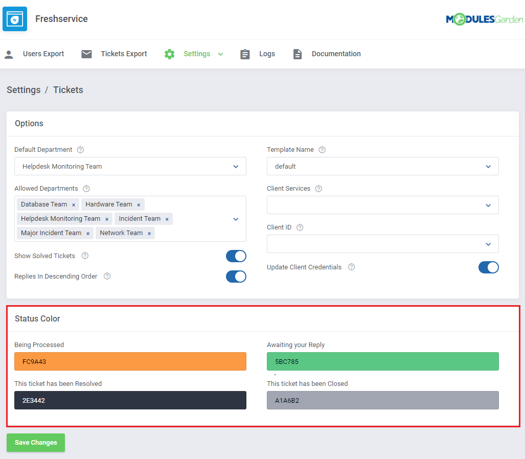Freshservice For WHMCS: module Ticket Settings page with the Status Color section for custom statuses highlighted