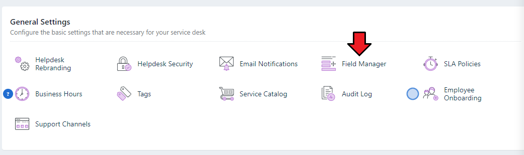 Freshservice For WHMCS: Freshservice admin General Settings with the Field Manager option highlighted