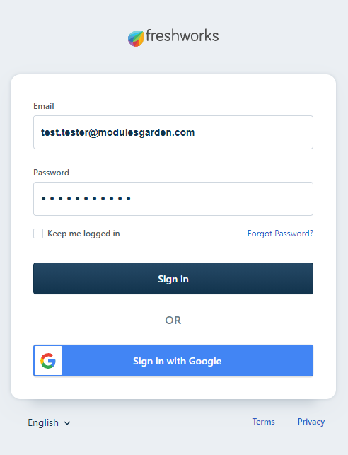 Freshservice For WHMCS: Freshworks Freshservice portal login form with email, password and sign in buttons