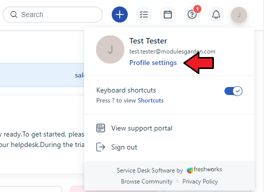 Freshservice For WHMCS: Freshservice portal profile menu with the Profile settings link highlighted