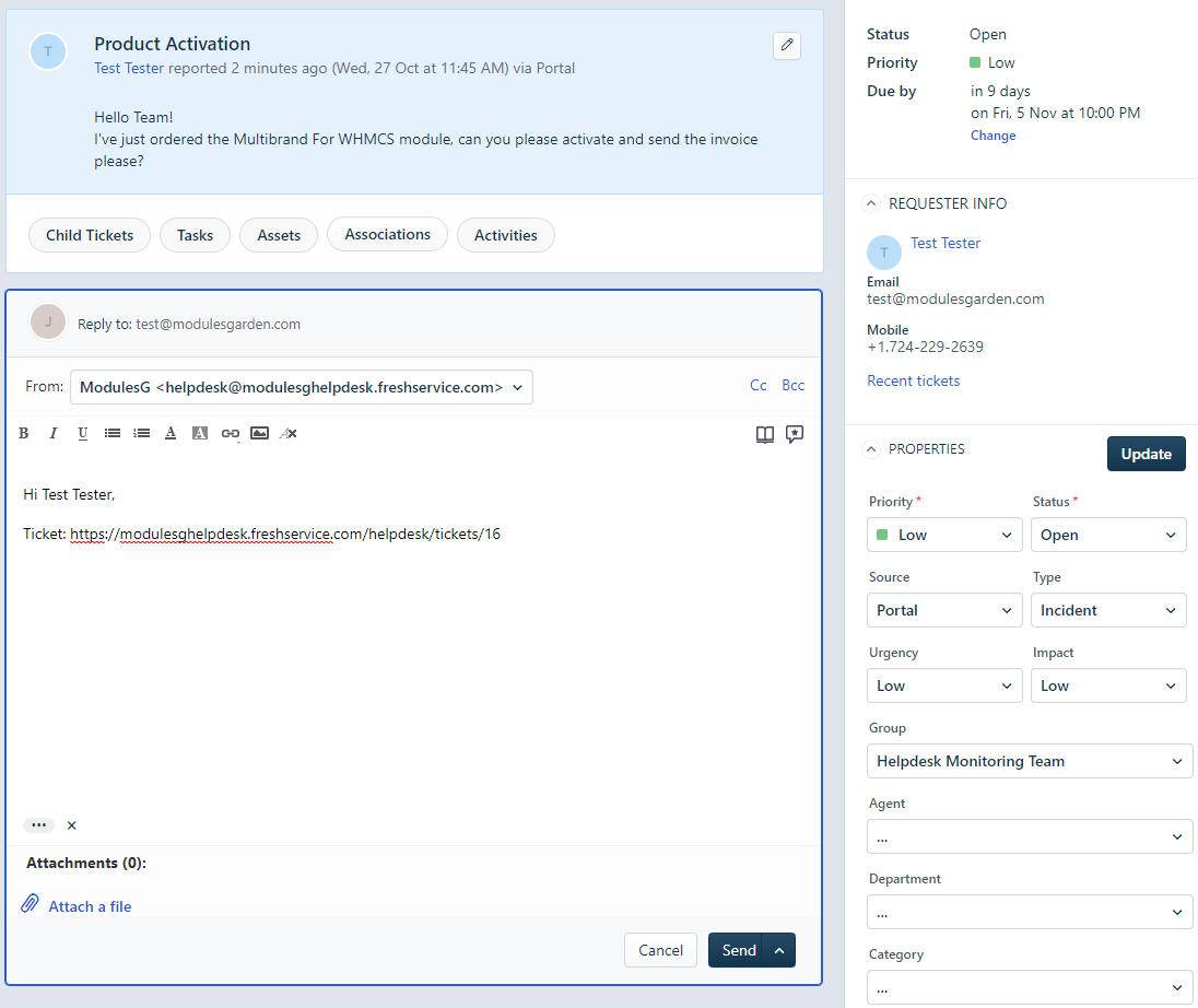 Freshservice For WHMCS: Freshservice admin ticket view with the reply editor, requester info and ticket properties