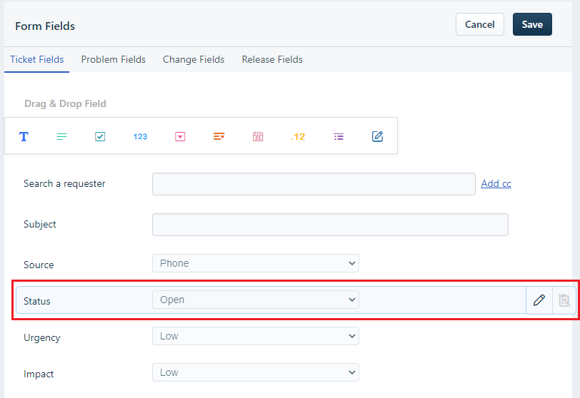 Freshservice For WHMCS: Freshservice admin Form Fields page with the Status field of the Ticket Fields tab highlighted