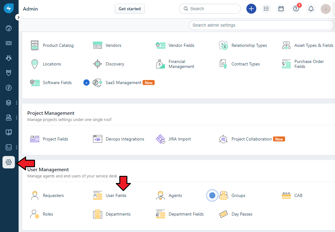 Freshservice For WHMCS: Freshservice admin settings with the User Fields option in the User Management section