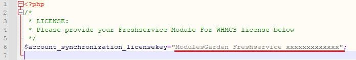 Freshservice For WHMCS: license.php file open in an editor with the license key placed between the quotation marks