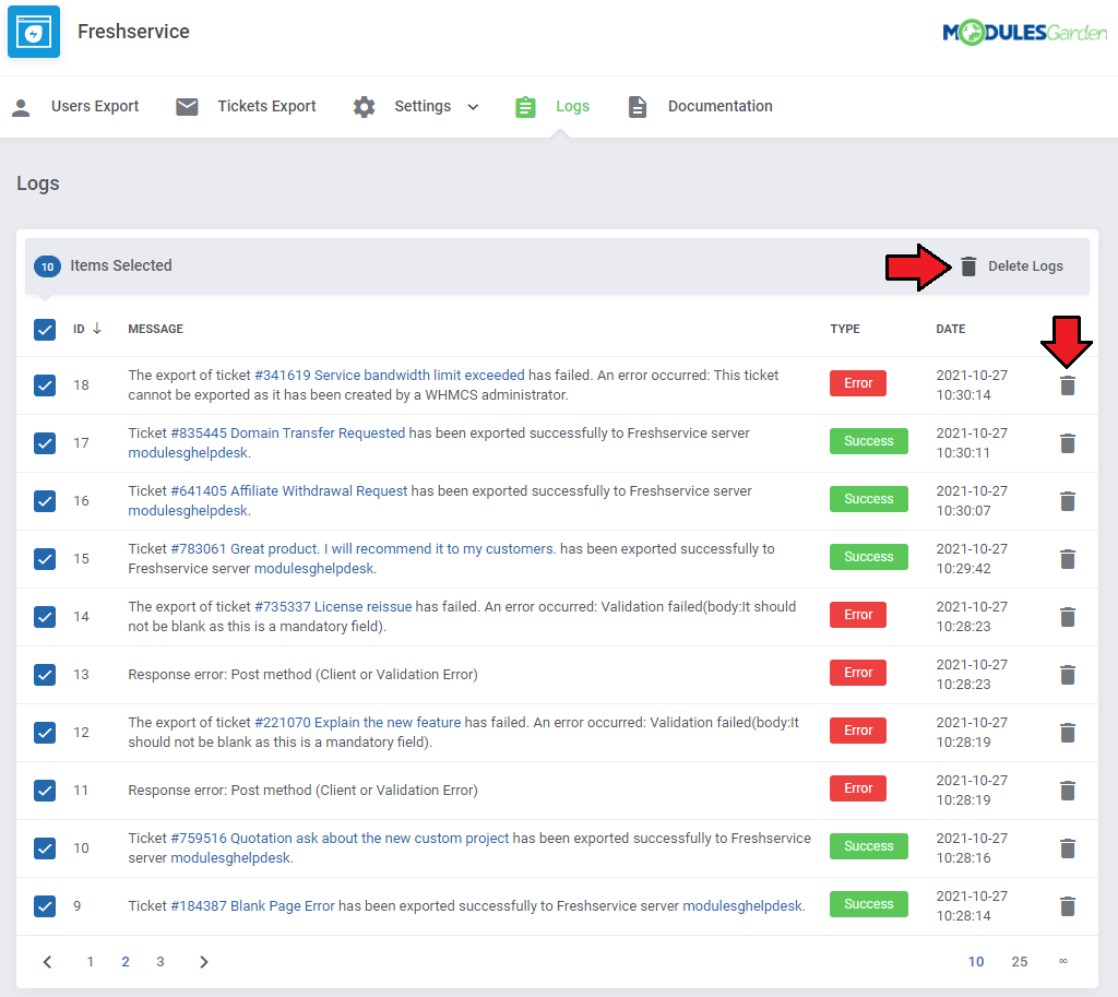 Freshservice For WHMCS: module Logs page with all entries selected, Delete Logs button and a single bin icon highlighted