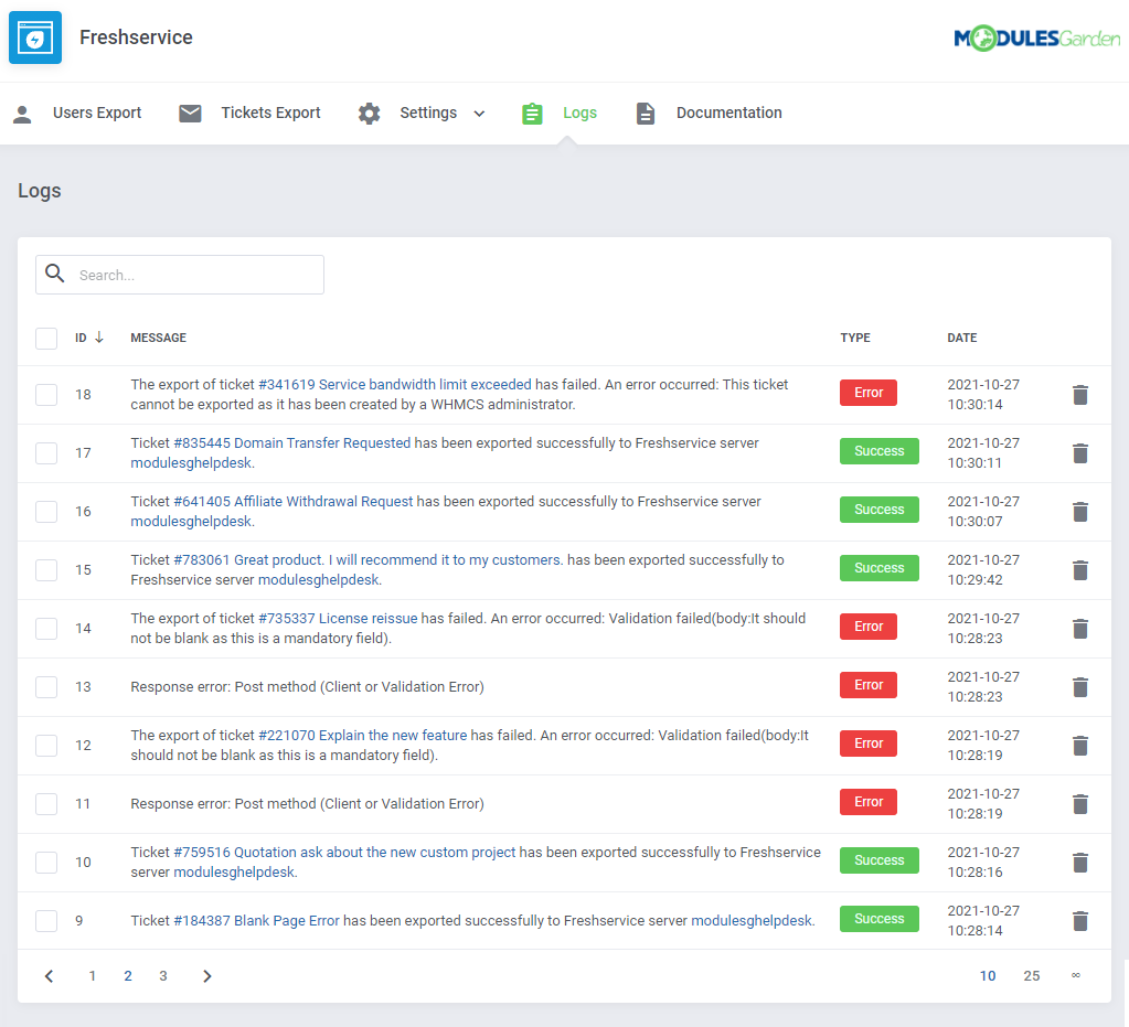 Freshservice For WHMCS: module Logs page with a table of export log messages, Success and Error types and bin icons