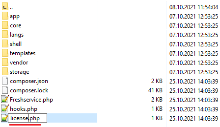 Freshservice For WHMCS: module folder file list with licenseRENAME.php being renamed to license.php