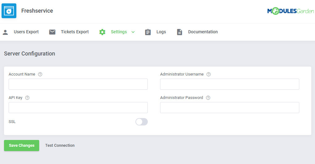 Freshservice For WHMCS: module Server Configuration page with empty account name, API key, username, password and SSL