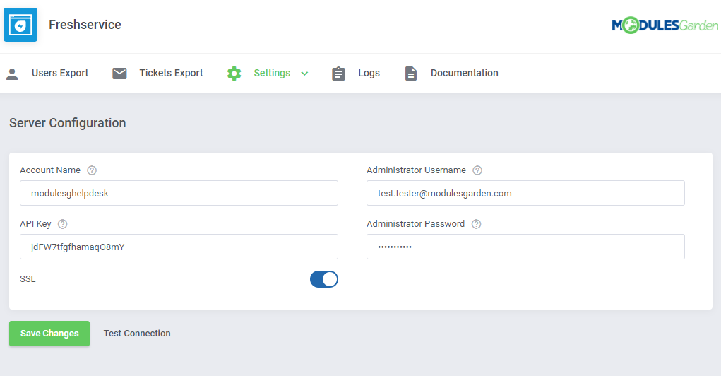Freshservice For WHMCS: module Server Configuration page filled in with account data, SSL on and Test Connection button