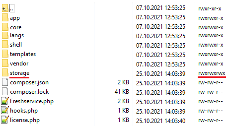 Freshservice For WHMCS: module folder file list with the storage folder permissions set to rwxrwxrwx