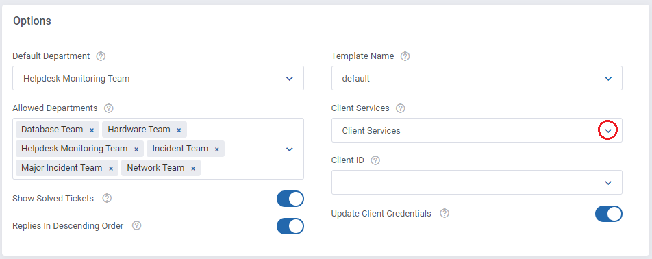 Freshservice For WHMCS: module Ticket Settings Options section with the Client Services dropdown highlighted