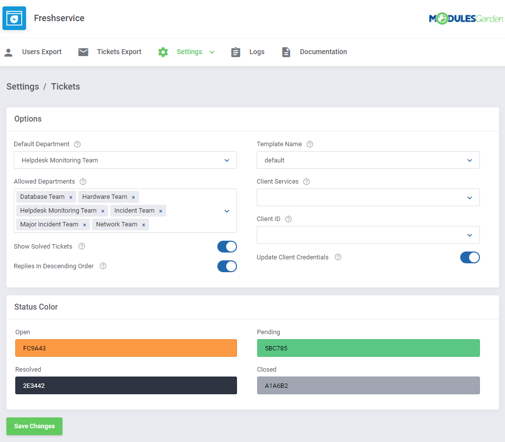 Freshservice For WHMCS: module Settings Tickets page with Options for departments, services and Status Color sections