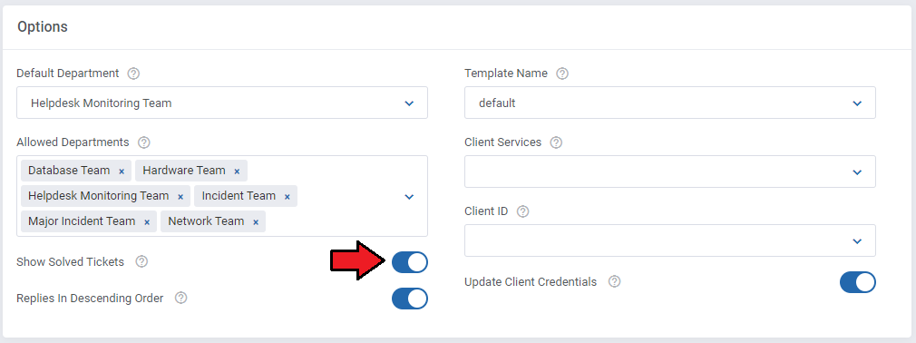 Freshservice For WHMCS: module Ticket Settings Options section with the Show Solved Tickets switch highlighted