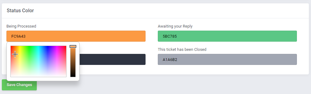 Freshservice For WHMCS: module Ticket Settings Status Color section with a color picker open on a status field