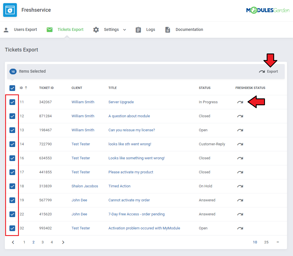 Freshservice For WHMCS: module Tickets Export page with all tickets selected and the Export button highlighted