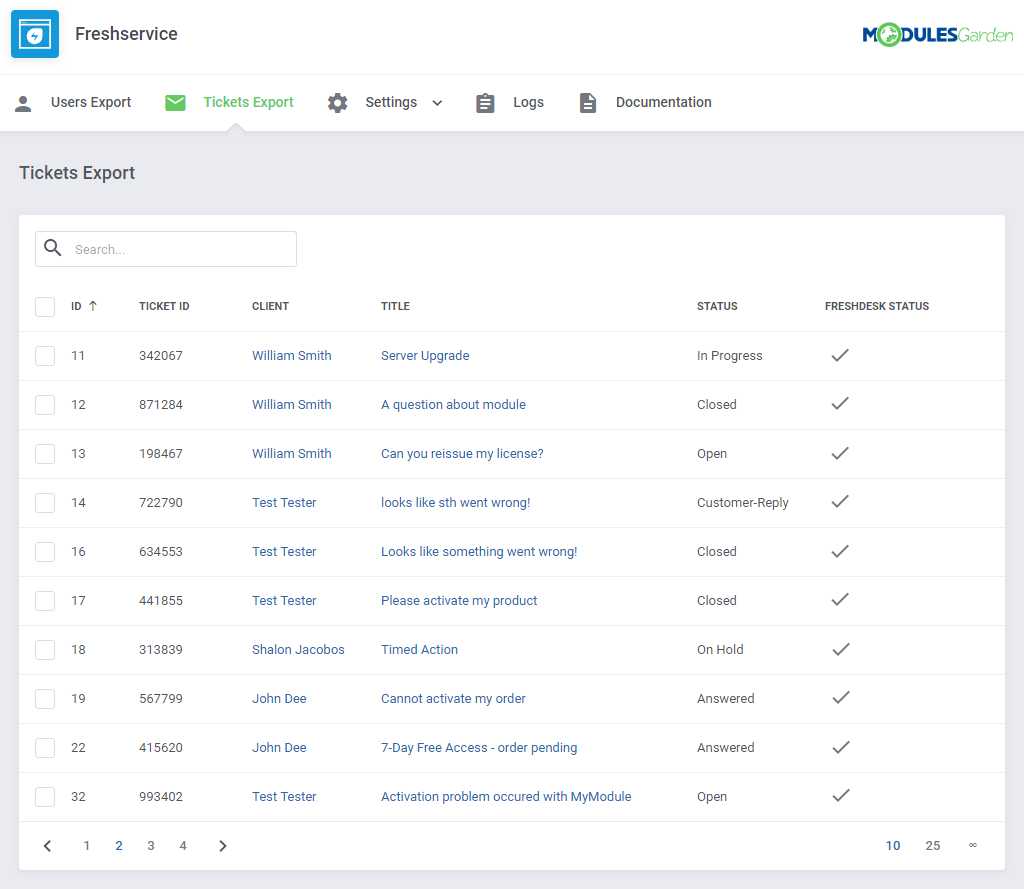 Freshservice For WHMCS: module Tickets Export page with check marks in the Freshdesk Status column after export