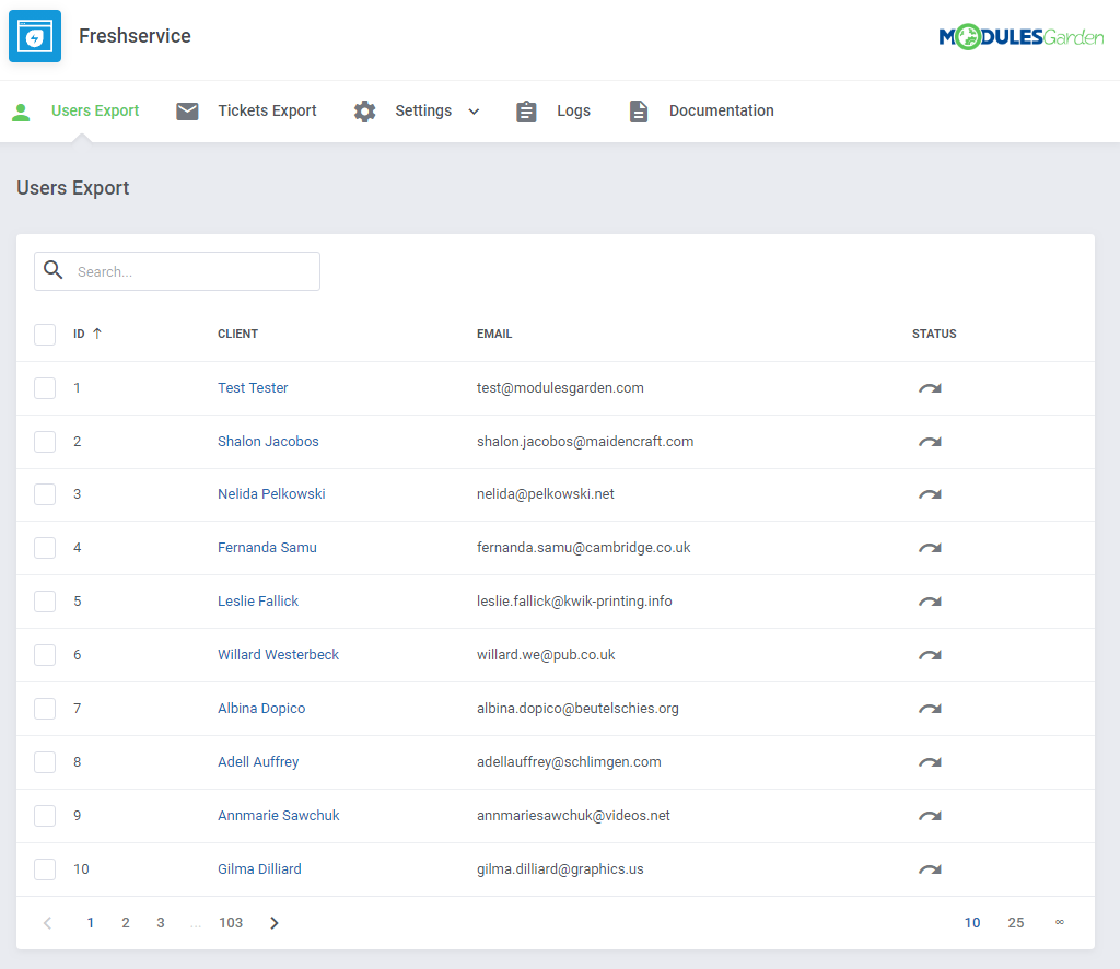 Freshservice For WHMCS: module Users Export page with a table of WHMCS clients and unsynchronized export status icons
