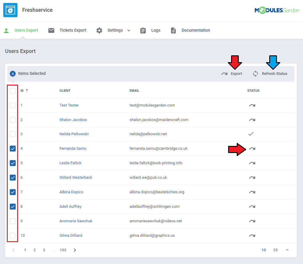 Freshservice For WHMCS: module Users Export page with selected clients, the Export and Refresh Status buttons