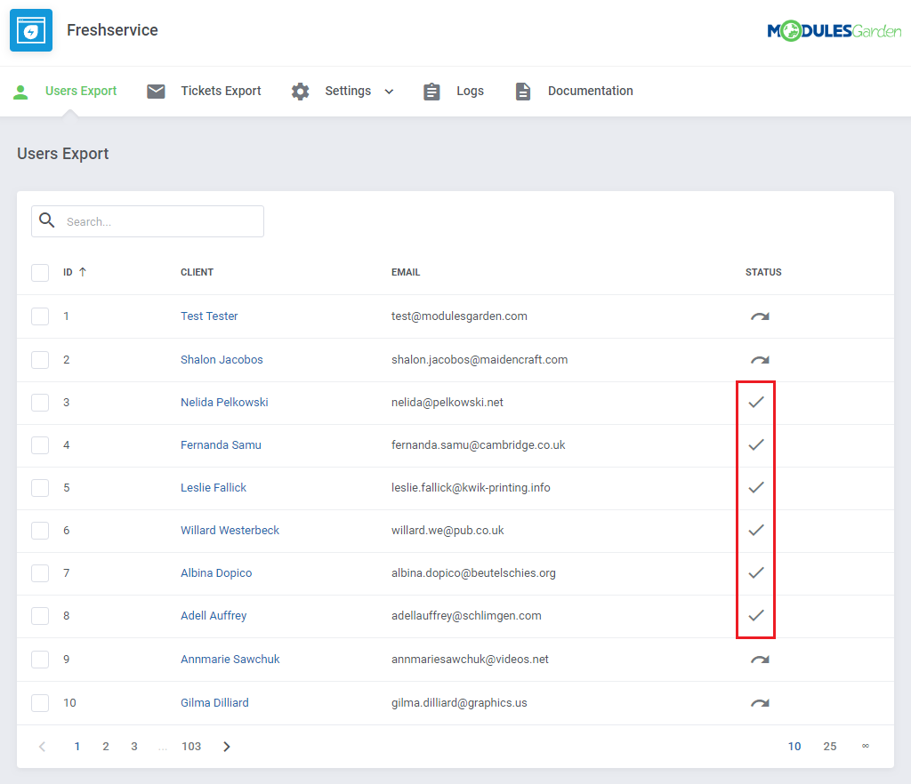 Freshservice For WHMCS: module Users Export page with check marks on the clients synchronized with Freshservice