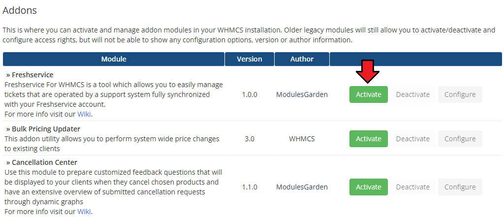 Freshservice For WHMCS: WHMCS Addon Modules list with the Freshservice module and its Activate button