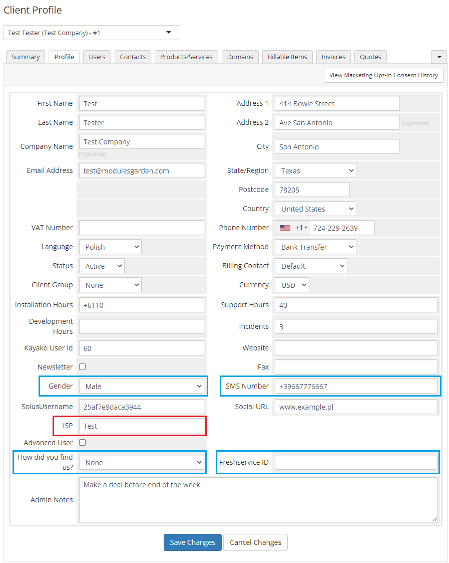 Freshservice For WHMCS: WHMCS Client Profile page with custom fields ISP, Gender, SMS Number and Freshservice ID