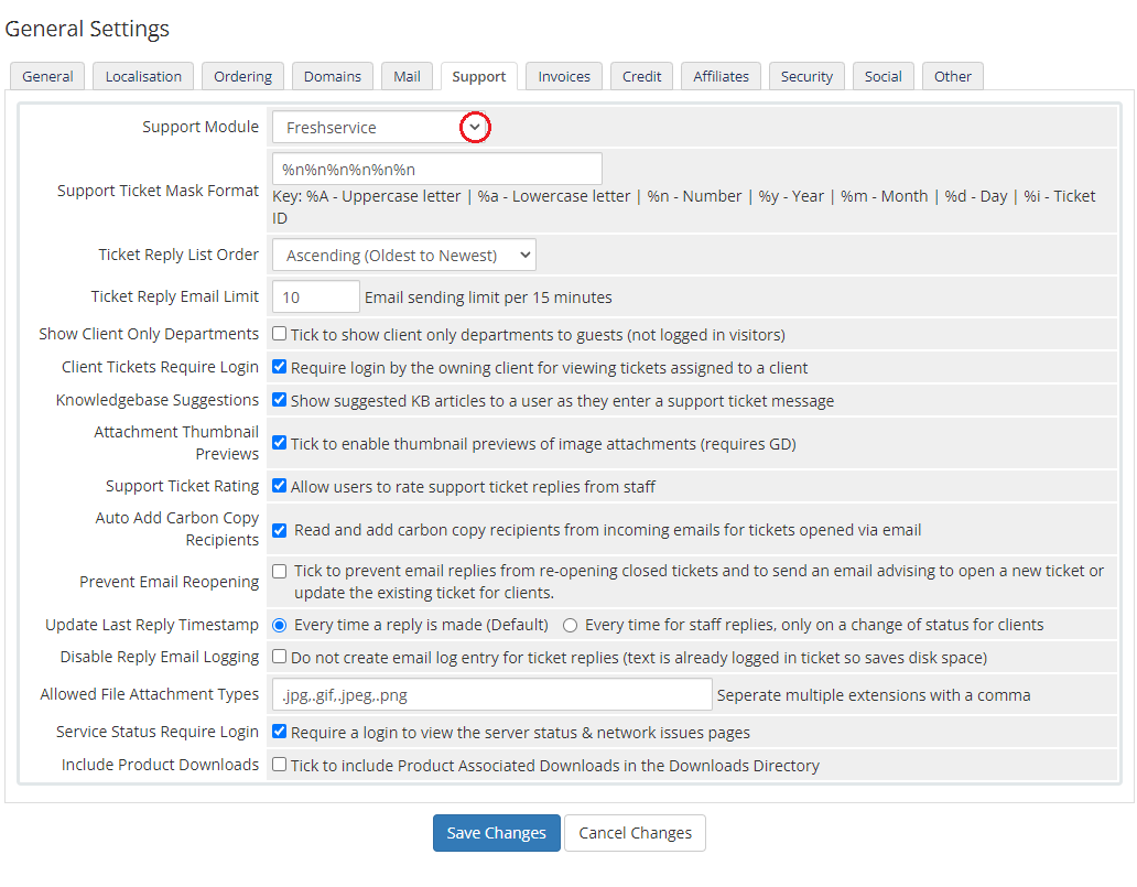 Freshservice For WHMCS: WHMCS General Settings Support tab with Freshservice selected as the Support Module