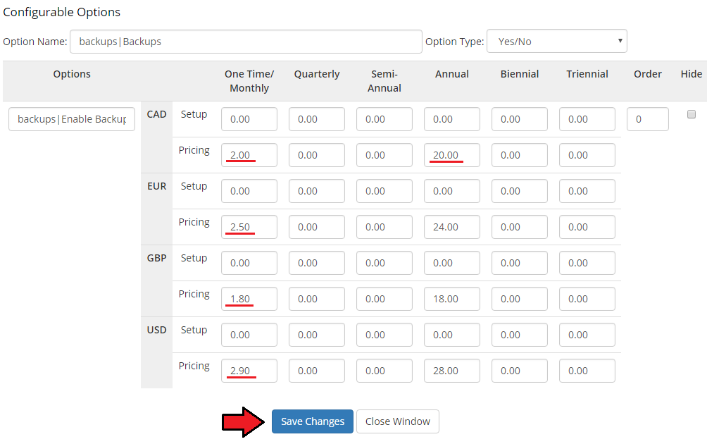 General: Configurable Options popup for Backups, Yes/No type, with prices set in CAD, EUR, GBP and USD