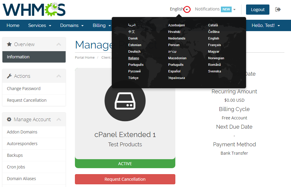 General: WHMCS client area with the language menu open at the top, listing available languages