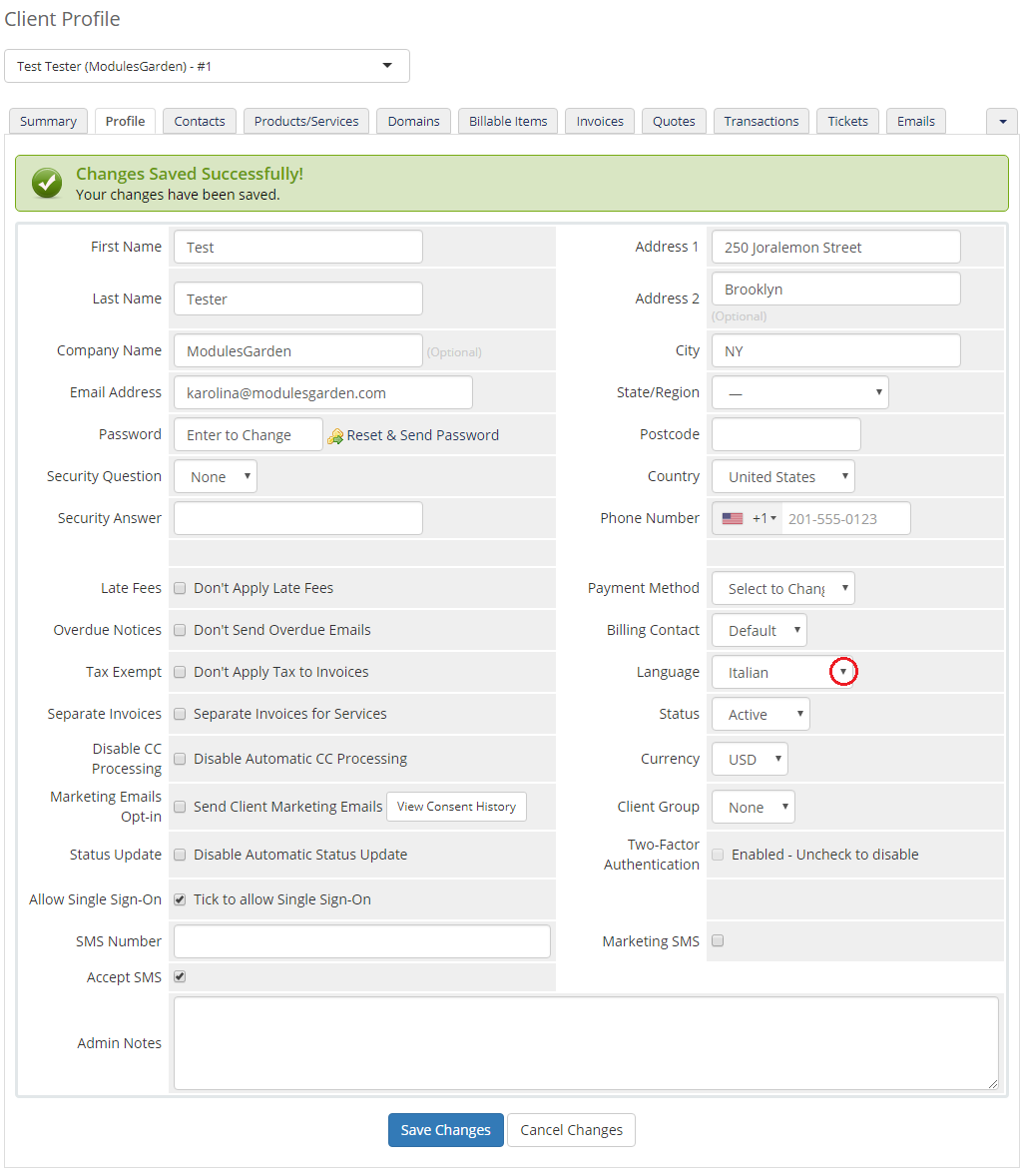 General: WHMCS admin Client Profile with the Language dropdown set to Italian after saving changes
