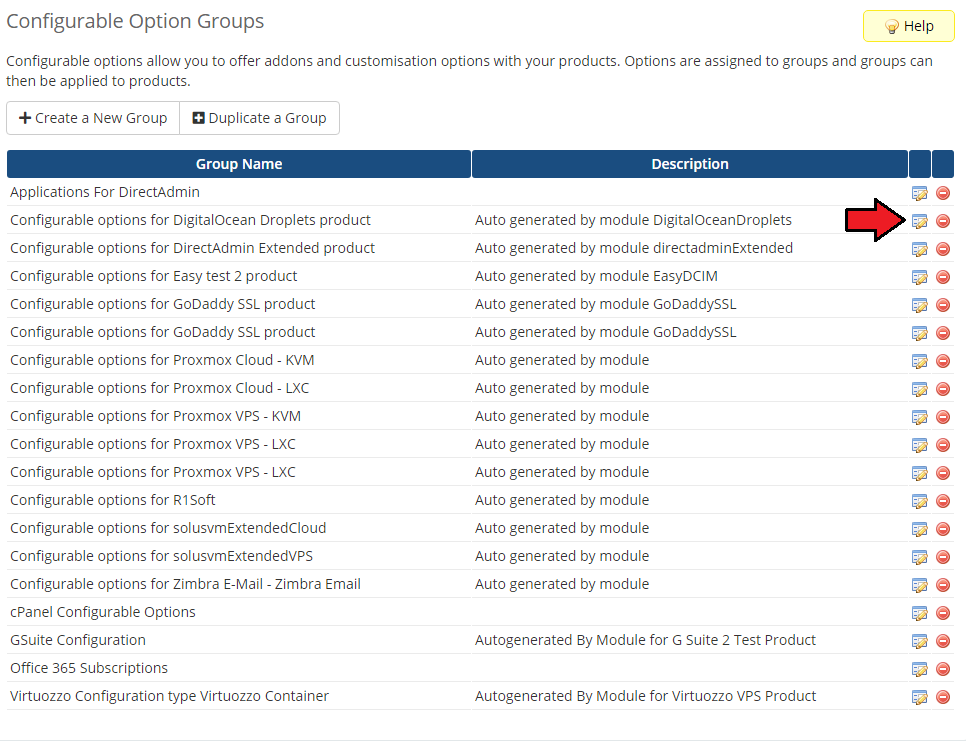 General: WHMCS admin Configurable Option Groups list with an arrow on the edit icon of a product group