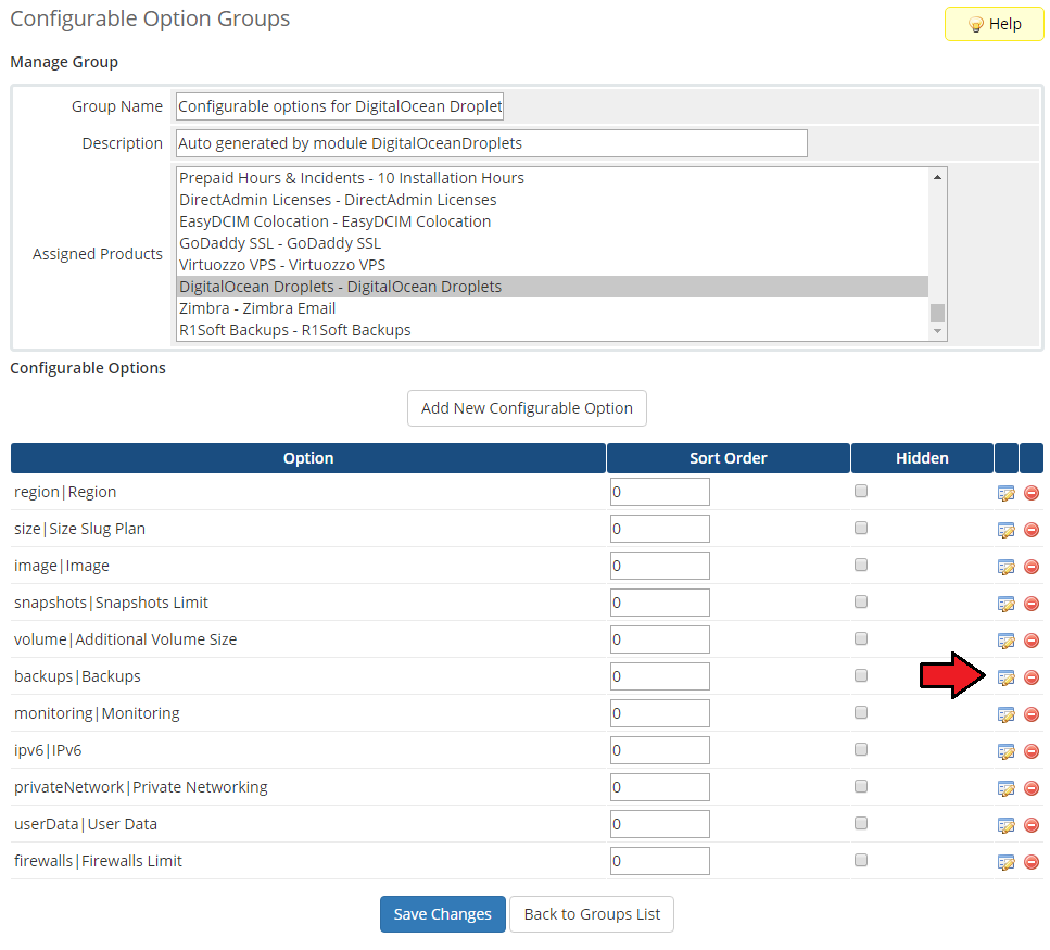 General: Manage Group page with an arrow on the edit icon of the Backups configurable option