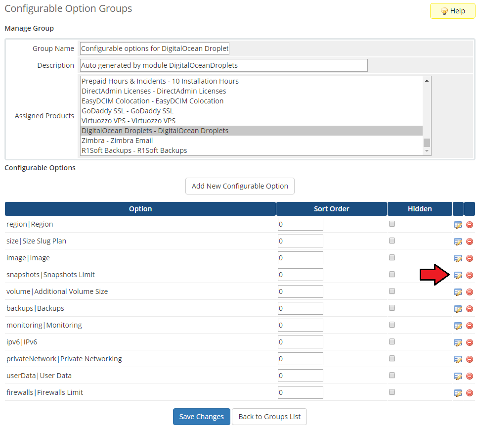 General: WHMCS Manage Group page with an arrow on the edit icon of the Snapshots Limit option