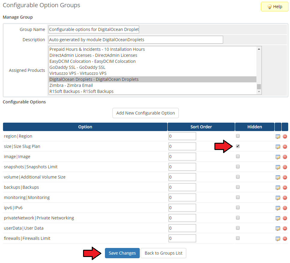 General: Manage Group page with the Hidden checkbox ticked for the size option and Save Changes arrow