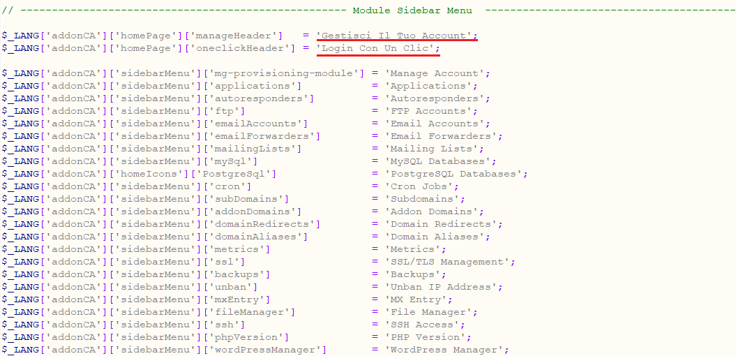 General: language file code with translated Italian phrases underlined in red
