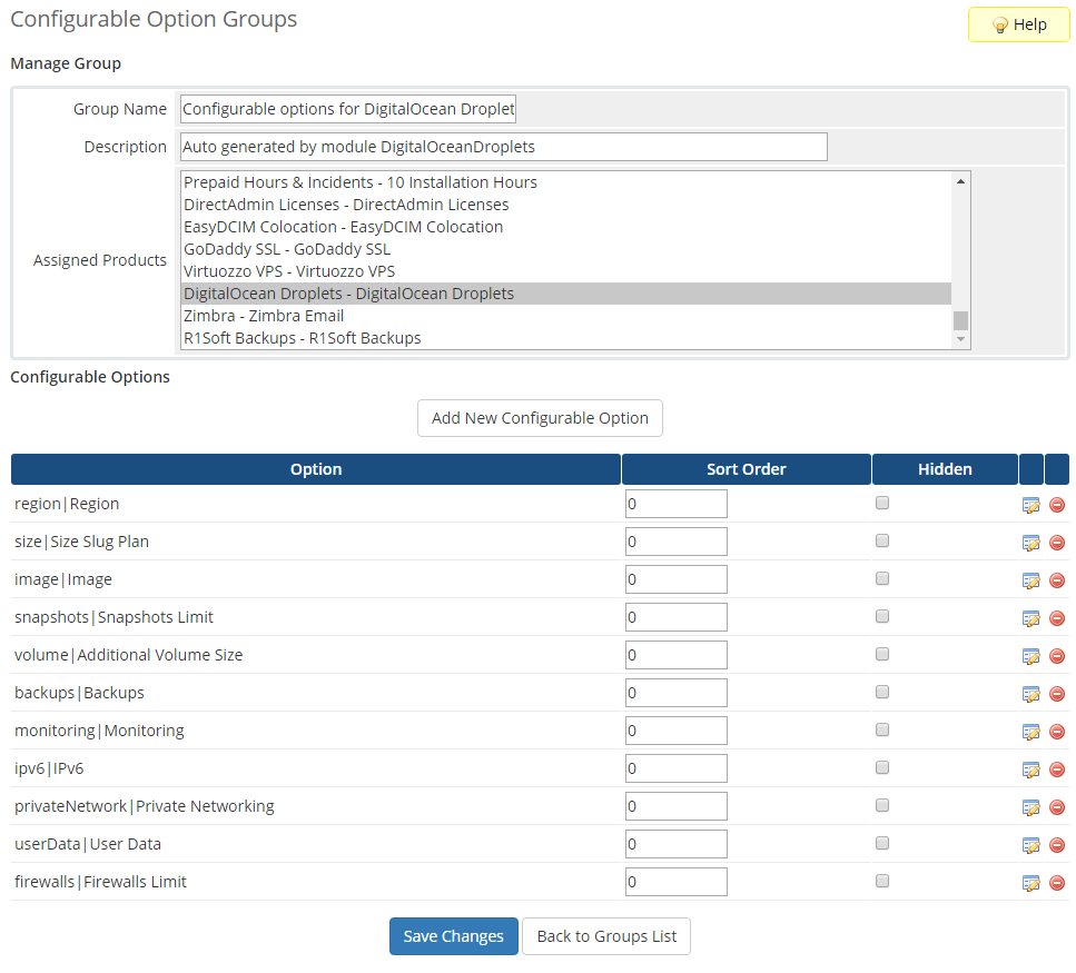 General: WHMCS Manage Group page listing configurable options with Hidden checkboxes and Save Changes button