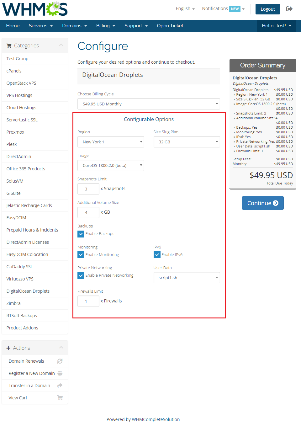 General: WHMCS order form with the Configurable Options section highlighted for a DigitalOcean Droplets product