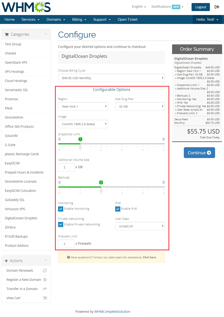 General: WHMCS order form showing configurable option types: sliders, dropdowns, quantity fields and checkboxes
