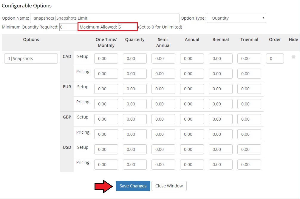 General: Configurable Options popup for Snapshots Limit with Maximum Allowed set to 5 and Save Changes button