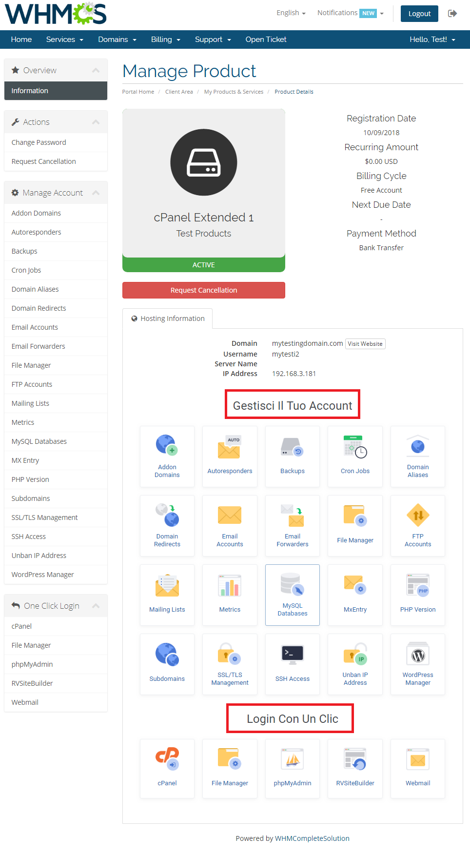 General: WHMCS client area product page with module headings shown in Italian after the language change