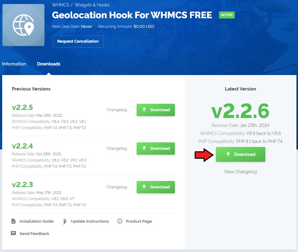 Geolocation Hook For WHMCS: client area Downloads tab with an arrow on the Download button for version 2.2.6