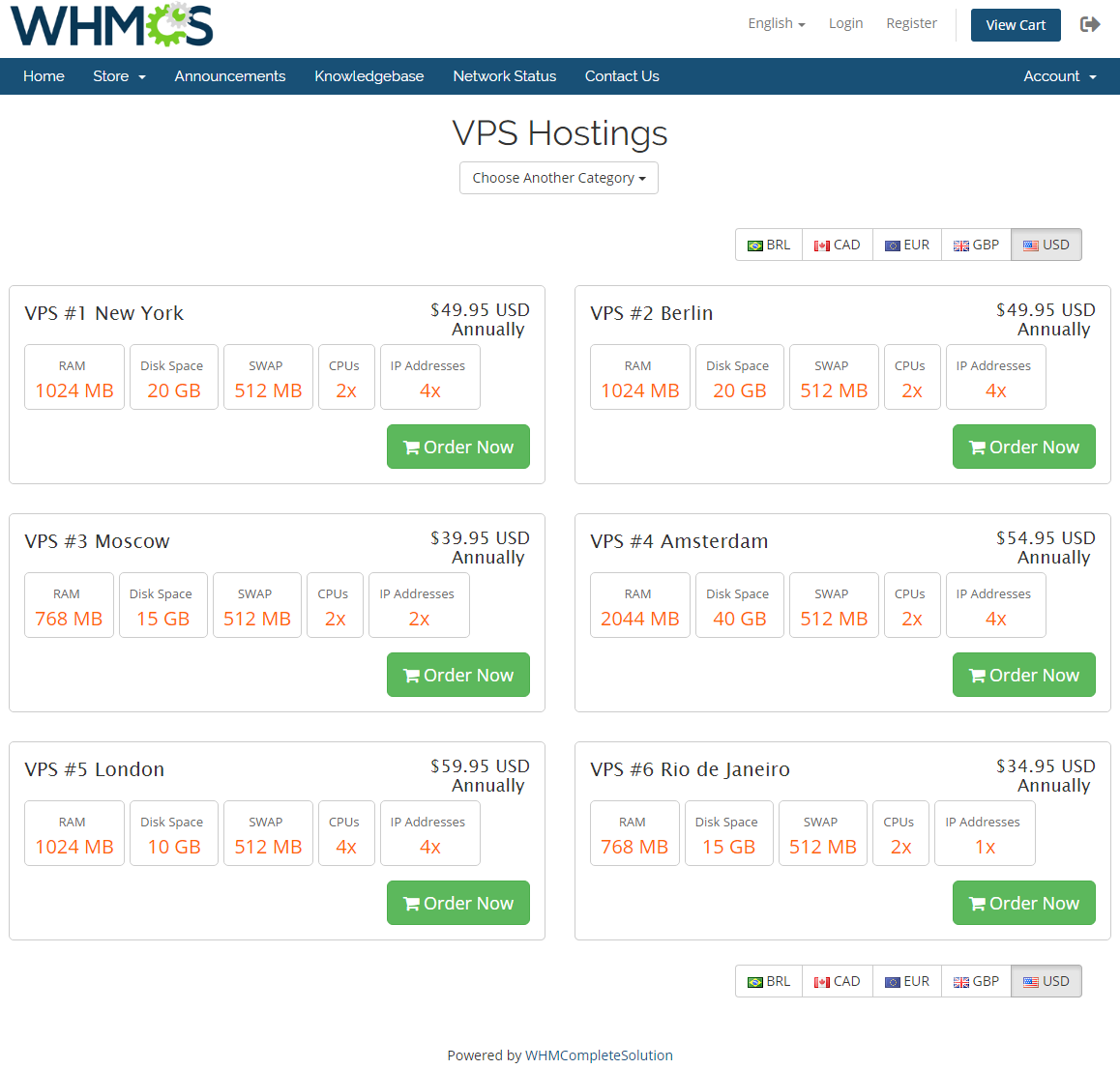 Geolocation Hook For WHMCS: English cart page with USD prices for an unlogged visitor