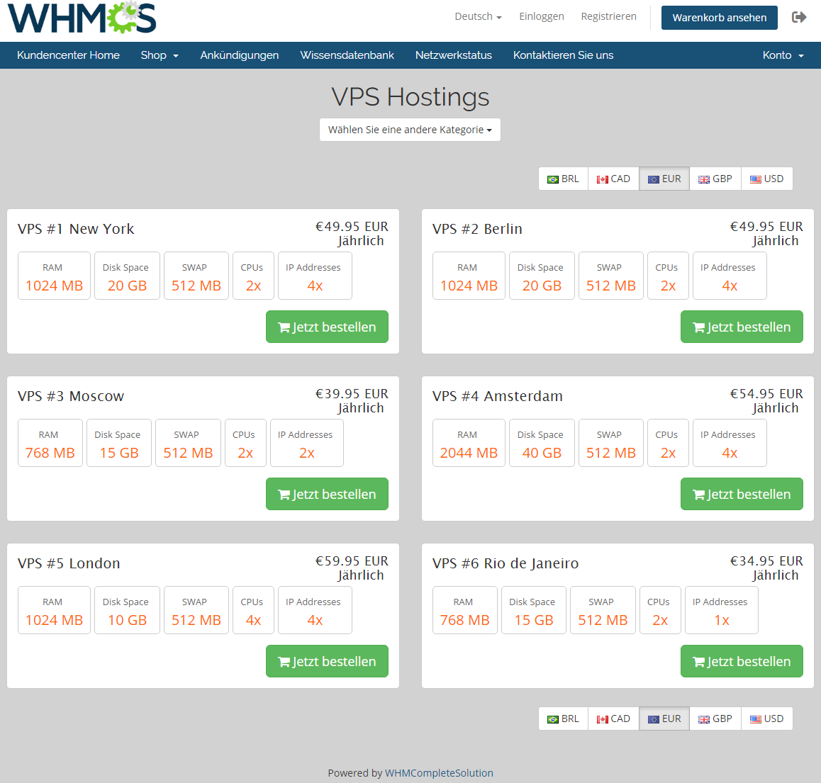 Geolocation Hook For WHMCS: German cart page with EUR prices for an unlogged visitor from Germany